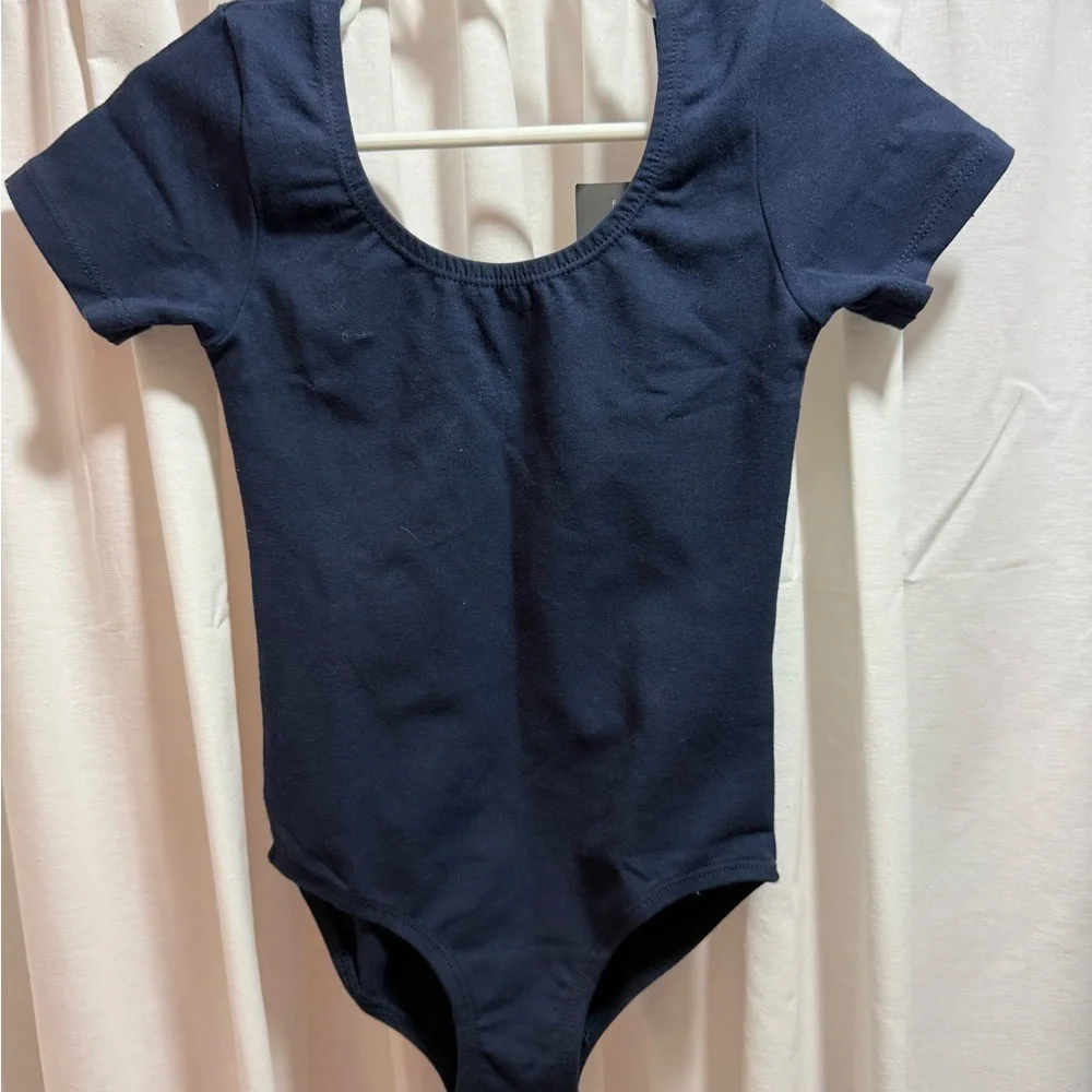 Plume Navy Short-Sleeve Girls Scoop Neck Leotard